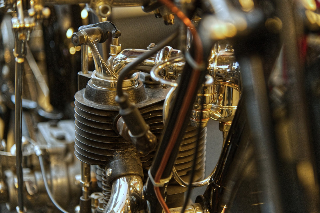 A close-up of a vintage motorcycle engine.